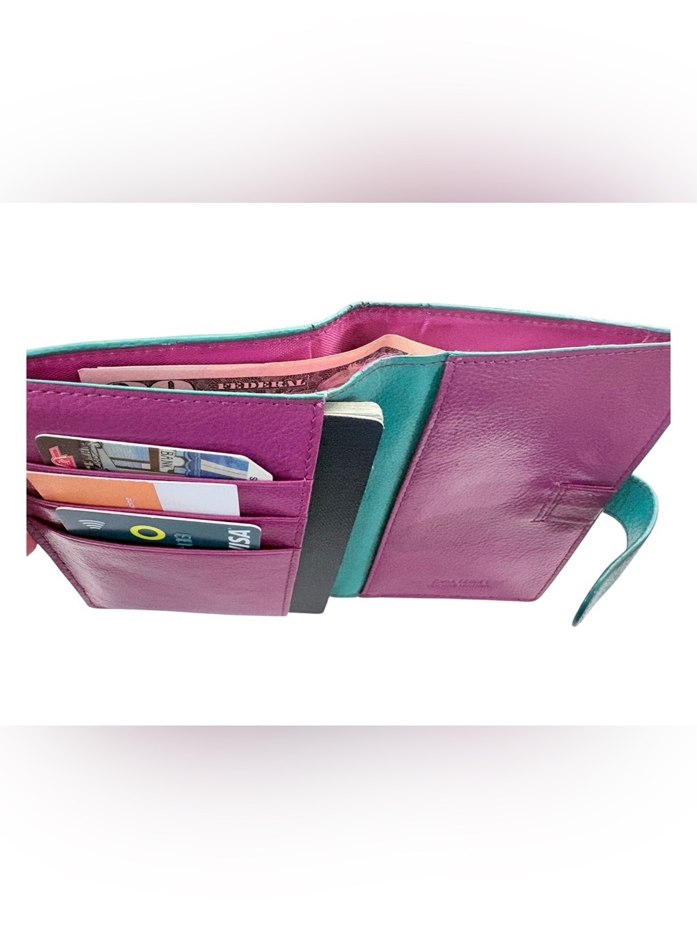 DANIER Turquoise Leather Passport Holder with Pink Accent - Travel Wallet - Picture 8 of 11